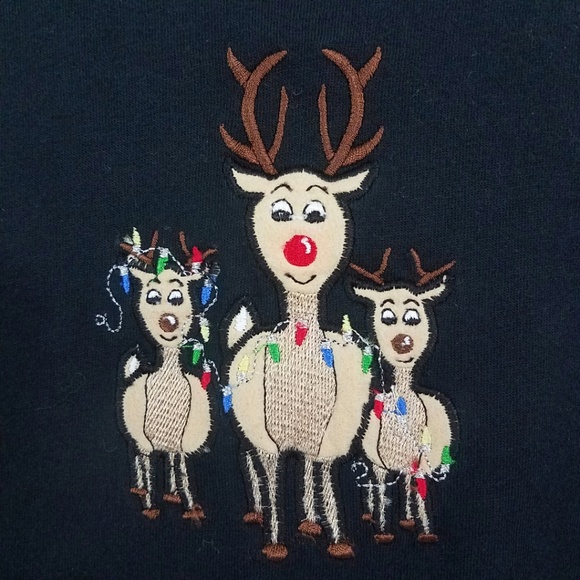 Victoria Jones Black Christmas Reindeer Large Scoop Neck Long Sleeve Shirt Top - Picture 3 of 8